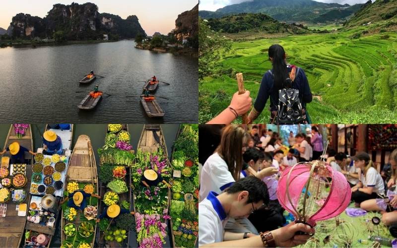 A collage showing popular activities in Vietnam: rowing boats through limestone cliffs in Ninh Binh, hiking through terraced rice fields in the north, colorful floating markets full of fruits and vegetables, and travelers crafting traditional lanterns.