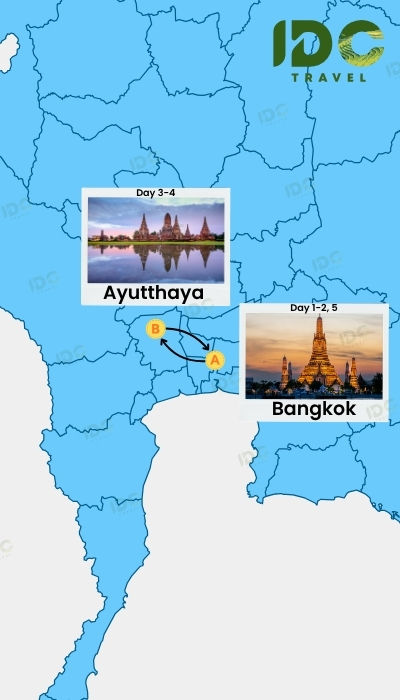 Map of a 5-day Thailand itinerary covering Bangkok and Ayutthaya.