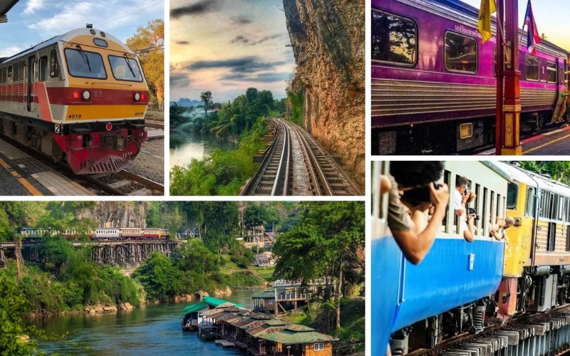 A Thai State Railway train traveling from Bangkok to Kanchanaburi, the gateway to the Death Railway and River Kwai Bridge.