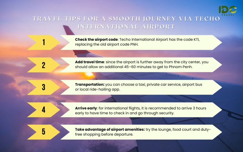 Travel tips infographic for Techo International Airport (KTI) with advice on flights, transport, and amenities.