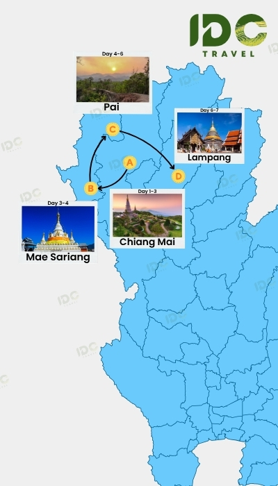 Map of a 7-day Northern Thailand itinerary through Chiang Mai, Mae Sariang, Pai and Lampang.