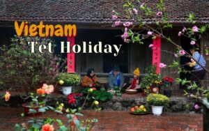 Traditional decorations and festive atmosphere during Tet holiday in Vietnam.
