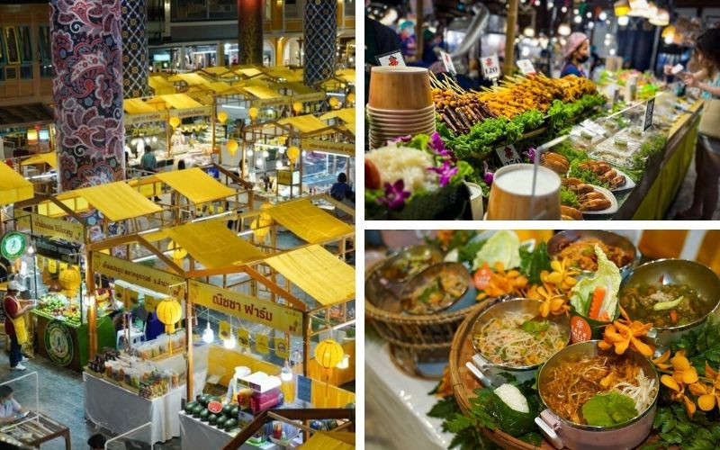 Collage of scenes from a Thai food festival at ICONSIAM in Bangkok, featuring colorful market stalls, traditional dishes, fresh ingredients, and ornate food presentation