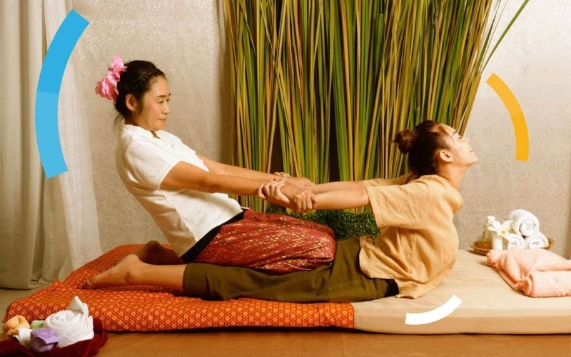 A Thai massage therapist, wearing a white top and a traditional patterned skirt, is performing a therapeutic stretch on a female client. The therapist is kneeling on the client's back, gently pulling her arms backward to stretch the client's upper body. Both are on a mat, with a backdrop of tall green plants and spa accessories like towels and oils.