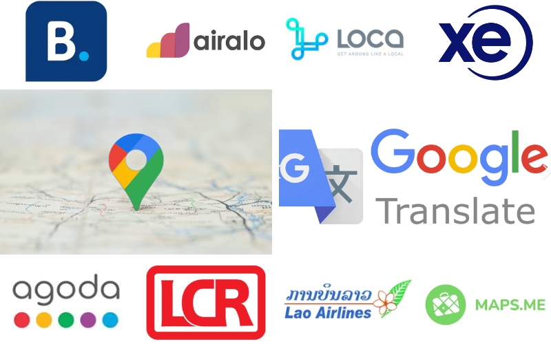 Collage of popular travel apps useful for traveling in Laos including Booking.com, Airalo, Loca ride-hailing app, XE Currency, Google Maps, Google Translate, Agoda, Lao Airlines, LCR train booking, and Maps.me.