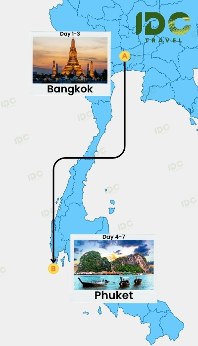 Map of a 7 day Thailand itinerary route showing Bangkok and Phuket with day-by-day travel path.