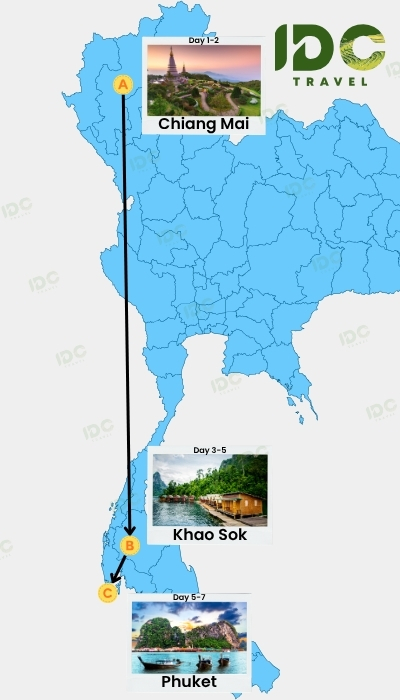 Map of a 7 day Thailand itinerary route showing Chiang Mai, Khao Sok, and Phuket with day-by-day travel path.