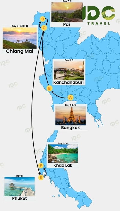 Map of a 14-day Thailand itinerary covering Bangkok, Kanchanaburi, Chiang Mai, Pai, Phuket and Khao Lak.