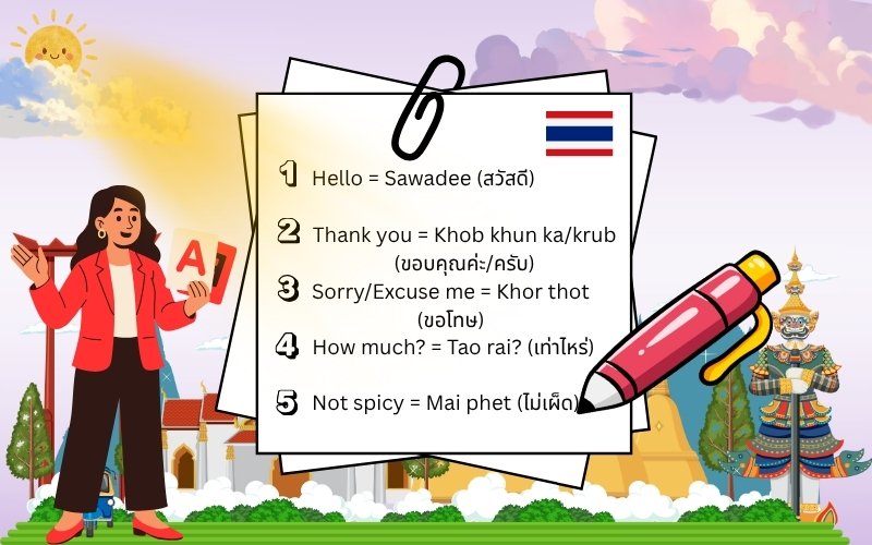 An illustrated guide featuring basic Thai phrases with English translations and Thai script. The phrases include greetings and common expressions like hello, thank you, sorry, how much, and not spicy. A cartoon woman and Thai cultural background elements are also shown.
