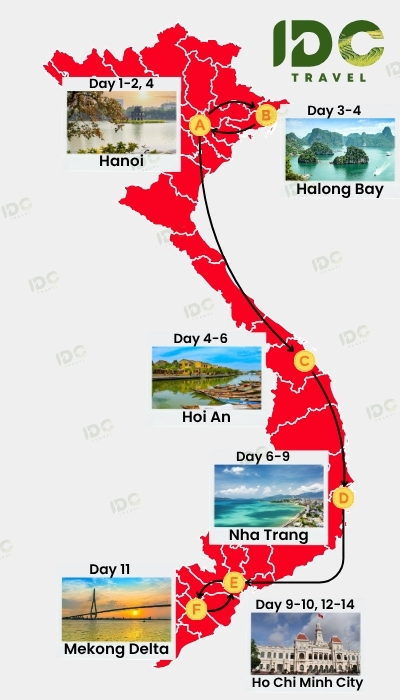 Map of a 14-day Vietnam itinerary route showing Hanoi, Halong Bay, Hoi An, Nha Trang, Mekong Delta, and Ho Chi Minh City with day-by-day travel path.