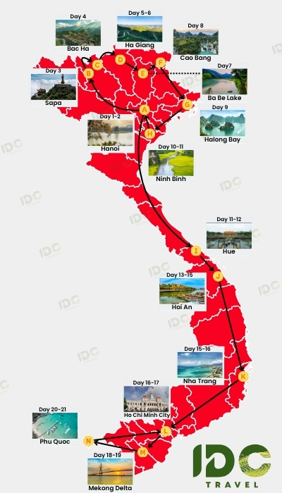 Map of a 21 day Vietnam itinerary route showing Hanoi, Sapa, Ha Giang, Ba Be Lake, Cao Bang, Halong Bay, Ninh Binh, Hue, Hoi An, Nha Trang, Ho Chi Minh City, Mekong Delta, and Phu Quoc with day-by-day travel path.