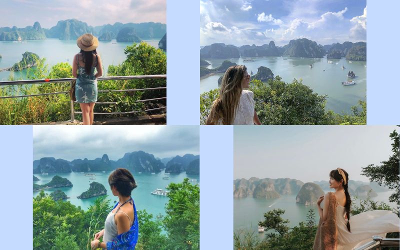 Panoramic view from Ti Top Island viewpoint overlooking limestone karsts and cruise boats in Ha Long Bay