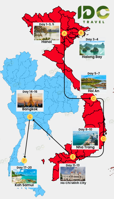 Map of a 20 day Vietnam and Thailand itinerary route showing Hanoi, Halong Bay, Hoi An, Nha Trang, Ho Chi Minh City, Bangkok, and Koh Samui with day-by-day travel path.