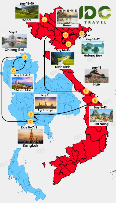 Map of a 19 day Thailand and Vietnam itinerary route showing Chiang Mai, Chiang Rai, Bangkok, Ayutthaya, Da Nang, Hue, Ninh Binh, Hanoi, Halong Bay, and Sapa with day-by-day travel path.