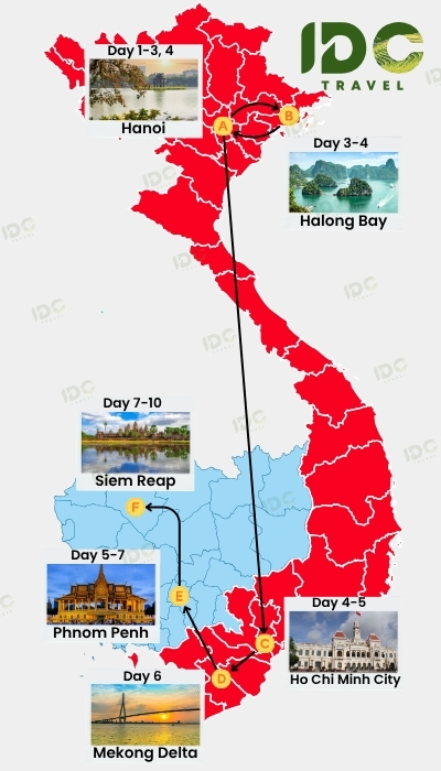 Map of a Vietnam and Cambodia itinerary route showing Hanoi, Halong Bay, Siem Reap, Phnom Penh, Mekong Delta, and Ho Chi Minh City with day-by-day travel path.