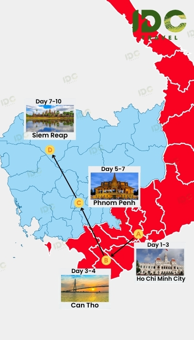 Map of a Vietnam and Cambodia itinerary route showing Ho Chi Minh City, Can Tho, Phnom Penh, and Siem Reap with day-by-day travel path.