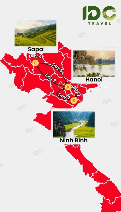 Map of a Vietnam itinerary route showing Sapa, Hanoi, and Ninh Binh with day-by-day travel path.