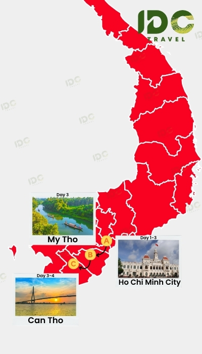 Map of a Vietnam itinerary route showing Ho Chi Minh City, My Tho, and Can Tho with day-by-day travel path.