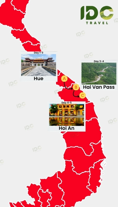 Map of a Vietnam itinerary route showing Hue, Hai Van Pass, and Hoi An with day-by-day travel path.