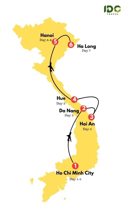 Travel itinerary to explore UNESCO Heritage Sites of Vietnam in 8 days, passing through famous tourist destinations such as Hanoi, Ha Long, Da Nang and Ho Chi Minh City