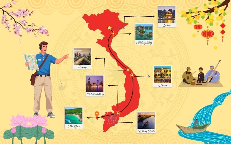 Illustrated travel map of Vietnam showing major tourist destinations from north to south, including Hanoi, Halong Bay, Hoi An, Da Nang, Ho Chi Minh City, Phu Quoc, and the Mekong Delta. The map features a tour guide illustration, cultural icons, and traditional Vietnamese decorative elements.