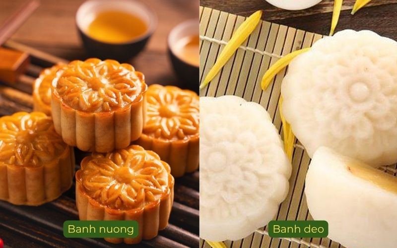 Vietnamese mooncakes baked and sticky rice varieties (banh nuong and banh deo) for Mid-Autumn Festival Vietnam.