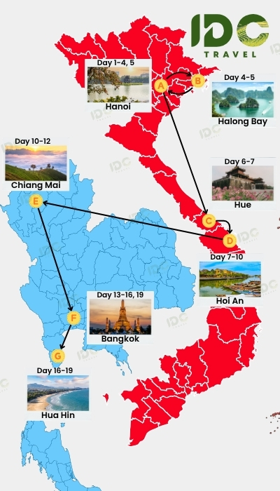 Map of a 19 day Vietnam and Thailand itinerary route showing Hanoi, Halong Bay, Hue, Hoi An, Chiang Mai, Bangkok, and Hua Hin with day-by-day travel path.