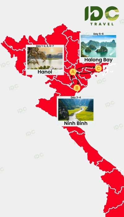 Map of a 7 day Vietnam itinerary route showing Hanoi, Ninh Binh, and Halong Bay with day-by-day travel path.