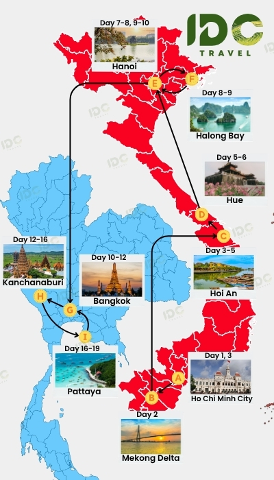 Map of a 19 day Vietnam and Thailand itinerary route showing Ho Chi Minh City, Mekong Delta, Hoi An, Hue, Halong Bay, Hanoi, Bangkok, Kanchanaburi, and Pattaya with day-by-day travel path.