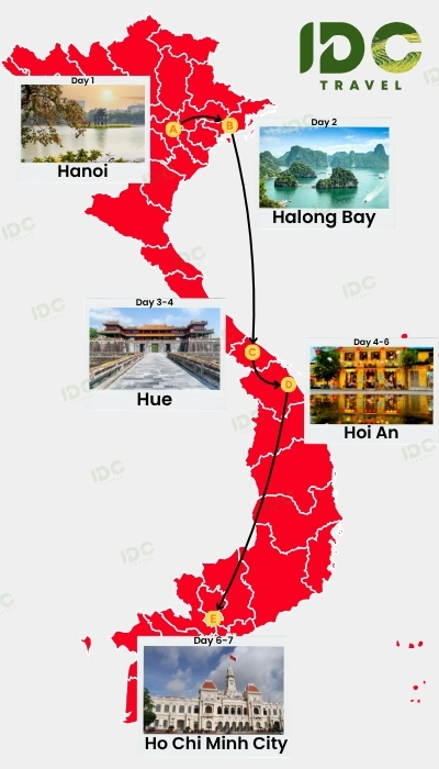 Map of a 7 day Vietnam itinerary route showing Hanoi, Halong Bay, Hue, Hoi An, and Ho Chi Minh City with day-by-day travel path.