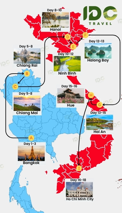 Map of an 18 day Thailand and Vietnam itinerary route showing Bangkok, Chiang Mai, Chiang Rai, Hanoi, Ninh Binh, Halong Bay, Hue, Hoi An, and Ho Chi Minh City with day-by-day travel path.