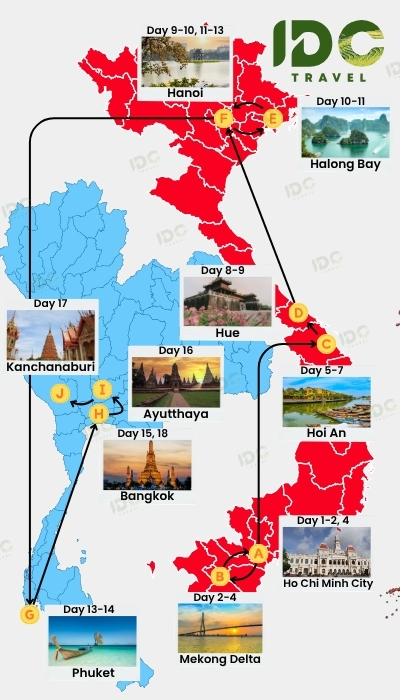 Map of an 18 day Vietnam and Thailand itinerary route showing Ho Chi Minh City, Mekong Delta, Hoi An, Hue, Hanoi, Halong Bay, Ayutthaya, Bangkok, Kanchanaburi, and Phuket with day-by-day travel path.