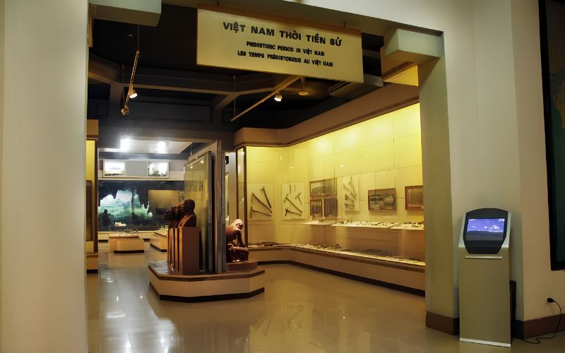A museum exhibit displaying ancient stone tools and artifacts from Vietnamese prehistory arranged in glass cases.