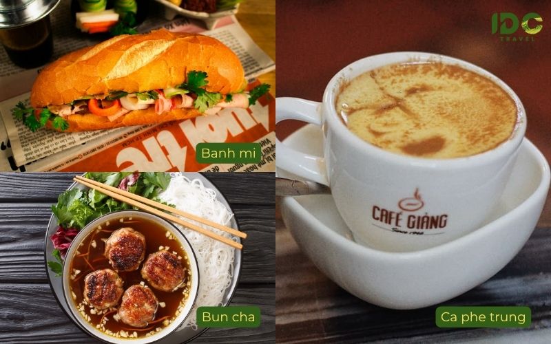 A food collage featuring three Hanoi culinary specialties: a crusty Banh Mi on newspaper, a bowl of Bun Cha with grilled pork patties and rice noodles, and a cup of creamy Ca phe trung (egg coffee) from the famous Cafe Giang.