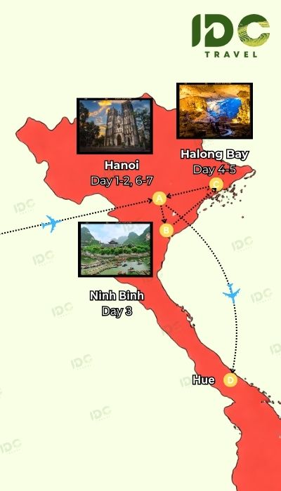 A map of Northern Vietnam highlighting a week-long itinerary starting and ending in Hanoi (Days 1-2, 6-7), with excursions to Ninh Binh (Day 3) and Halong Bay (Days 4-5). It includes photos of St. Joseph's Cathedral, Trang An, and a Halong Bay cave.