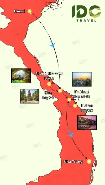 An itinerary map for Central Vietnam showing a route through Hue (Days 7-9), Phong Nha Cave (Day 9), Da Nang (Days 10-12), and Hoi An (Day 10). The map features photos of Thien Mu Pagoda, Marble Mountains, and the Hoi An ancient town.