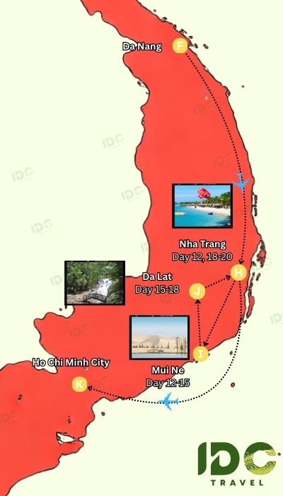 A travel map for week three covering the South-Central region, including coastal Nha Trang (Days 12, 18-20), the sand dunes of Mui Ne (Days 12-15), and the highlands of Da Lat (Days 15-18). It features photos of waterfalls and beaches.
