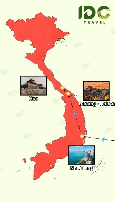 Vietnam travel map highlighting central destinations such as Hue, Da Nang, Hoi An, and Nha Trang with coastal travel routes and key stops.