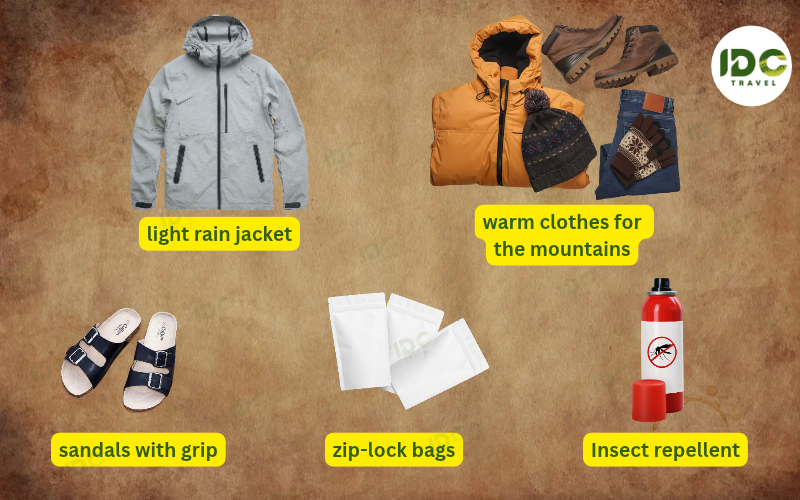 Packing list graphic for Vietnam’s rainy season showing a light rain jacket, warm clothes for the mountains, sandals with grip, zip-lock bags, and insect repellent.