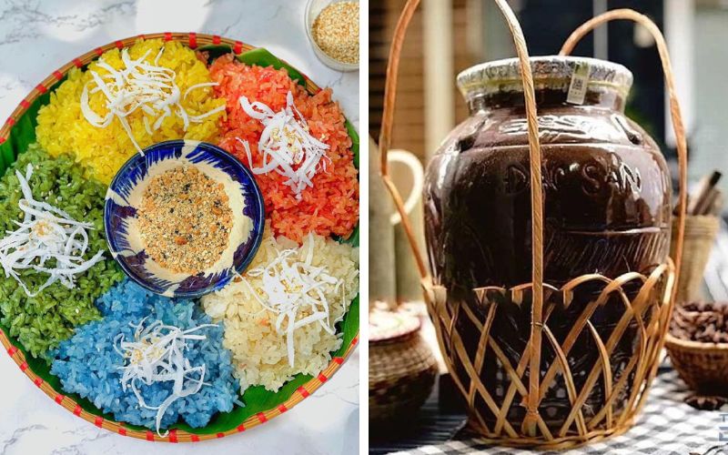 Colorful plate of Vietnamese five-colored sticky rice (Xoi Ngu Sac) with shredded coconut, paired with a jar of Ruou Can (fermented rice wine) in a bamboo holder