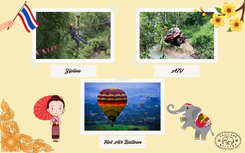 A collage illustrating adventure activities in Chiang Mai, Thailand, with decorative elements. Three photo insets show: top left, a person zip-lining through a dense green jungle; top right, two people riding an ATV through a muddy, forested trail; and bottom center, a large red and yellow striped hot air balloon floating over a green valley and village. The image is decorated with a Thai flag, a traditional Lanna woman, and a cartoon elephant.