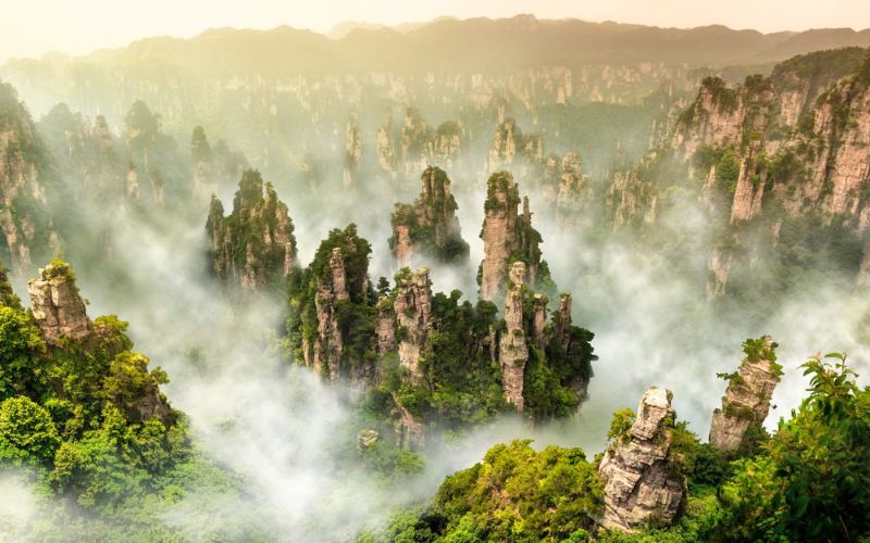 A breathtaking aerial view of towering sandstone pillars covered in lush green vegetation, surrounded by swirling mist and fog, with a distant mountain range under soft, golden sunlight, creating a mystical and serene landscape.